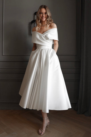 Light ivory Satin Midi Wedding Dress Cameron - Olivia Bottega