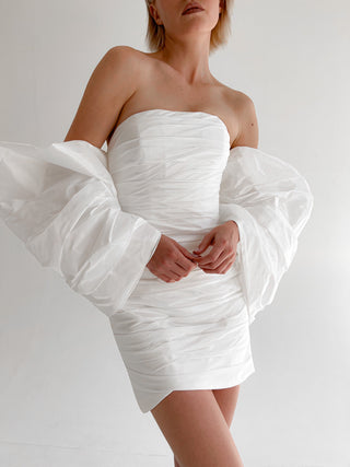 Short Taffeta Wedding Dress Anneli with Detachable Sleeves-Bow - Olivia Bottega