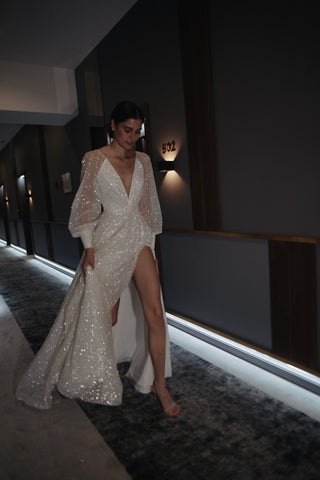 Sparkly Wedding Dress Ella With High Leg Slit - Olivia Bottega