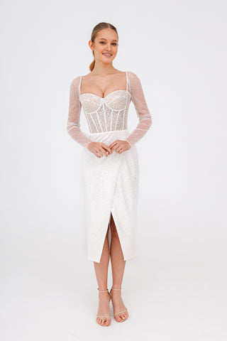 Sparkly Midi Wedding Dress Gemma with Long Sleeves - Olivia Bottega