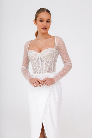 Sparkly Midi Wedding Dress Gemma with Long Sleeves - Olivia Bottega