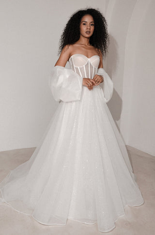 Sparkly Wedding Dress Hennie with Detachable Sleeves-Bow - Olivia Bottega