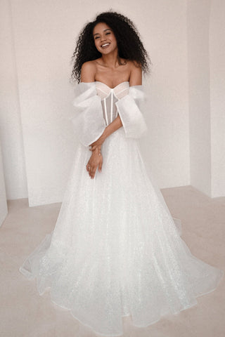 Sparkly Wedding Dress Hennie with Detachable Sleeves-Bow - Olivia Bottega