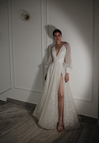 Sparkly Wedding Dress Ella With High Leg Slit - Olivia Bottega