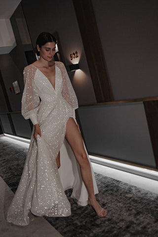 Sparkly Wedding Dress Ella With High Leg Slit - Olivia Bottega