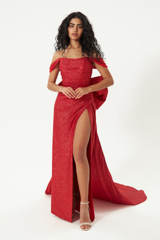 Red Glitter Mermaid Evening Dress Lovisa with Detachable Bow - Olivia Bottega