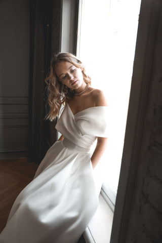 Light ivory Satin Midi Wedding Dress Cameron - Olivia Bottega