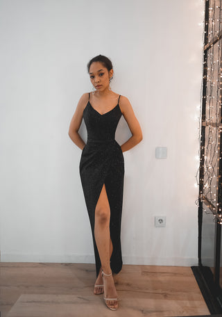 Black Sparkly Evening Dress Leona with Front Slit