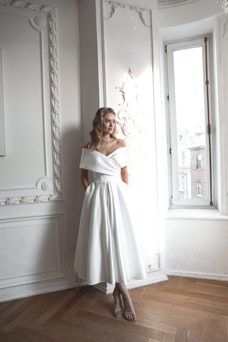 Light ivory Satin Midi Wedding Dress Cameron - Olivia Bottega