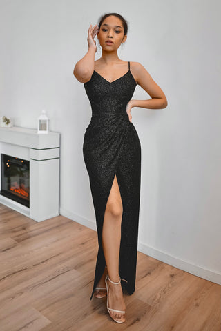 Black Sparkly Evening Dress Leona with Front Slit - Olivia Bottega